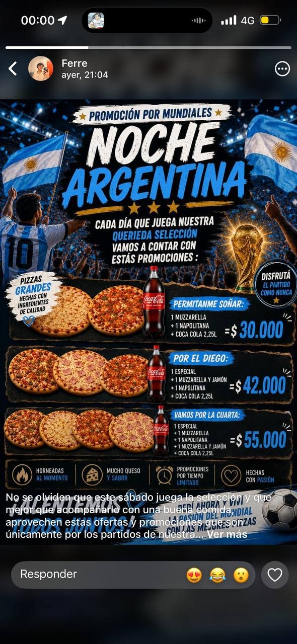 Flyer original de Ferre Pizza con promoción por partidos de la Selección